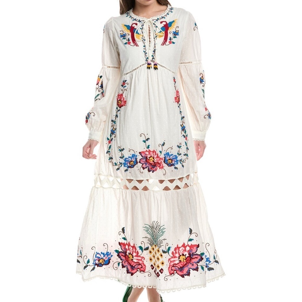 Farm Rio NWOT 100% Cotton Macaw Cross Stitch Tropical Embroidered Eclectic Maxi